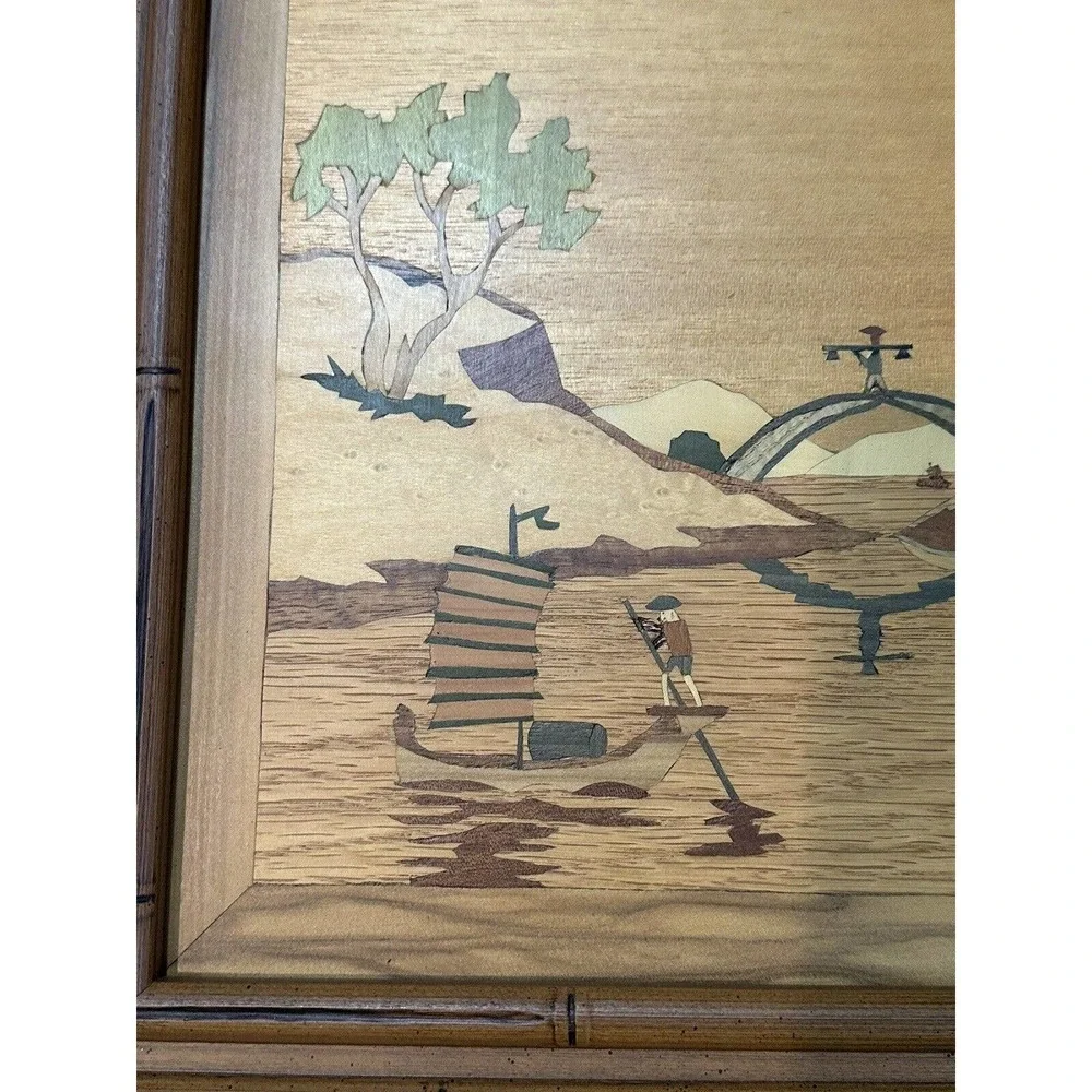 2 Pc Asian Mid Century Modern Framed Wood Cut Out Inlay Wall Art